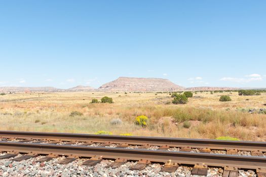 New Mexico high plains landscapes and railway alongside Route 66.
