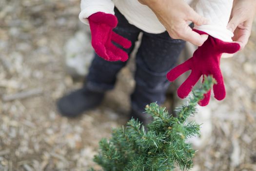 Caring Mother Putting Red Mittens On Child Near Small Christmas Tree Abstract.