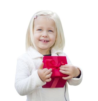 Happy Baby Girl Holding Red Christmas Gift Isolated on White Background.