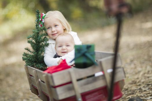 Baby Brother and Sister Being Pulled in Wagon with Christmas Tree and Gifts Outdoors.