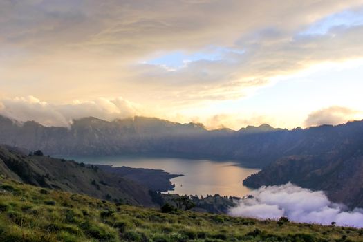 Mountain Rinjani volcano crater lake, Lombok, Indonesia