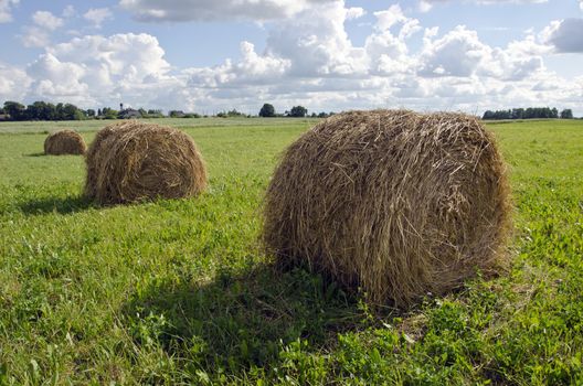 Rural summer landscape with haystacks and farm