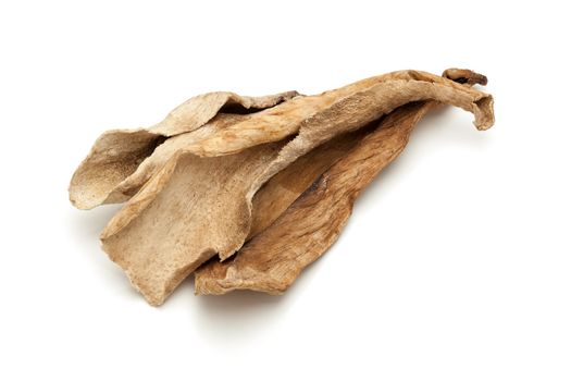 Macro closeup of Organic Sour dried mango or Aamchur or Amchoor (Mangifera indica) isolated on white background.