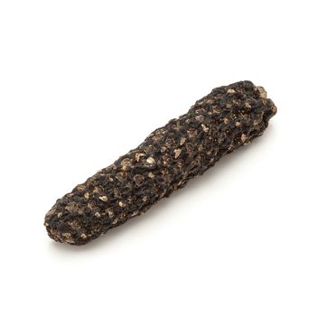 Macro closeup of a Organic Long pepper Dried Fruit (Piper longum) isolated on white background.