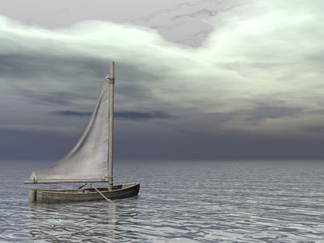 Small sailing boat on the ocean by grey day - 3D render