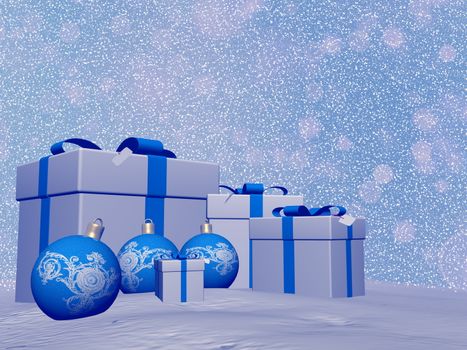 Blue Christmas balls and gifts by snowy winter day - 3D render