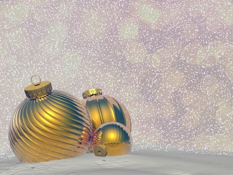 Golden Christmas balls by snowy winter day - 3D render