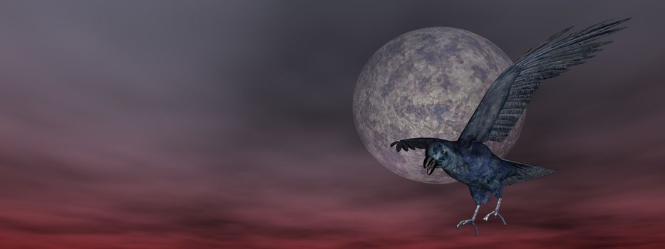 Black crow flying in front of the moon - 3D render