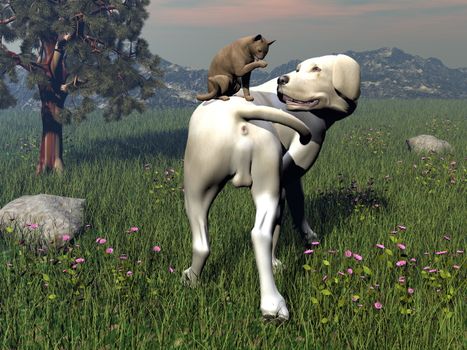 Labrador dog and abyssin cat friendship - 3D render