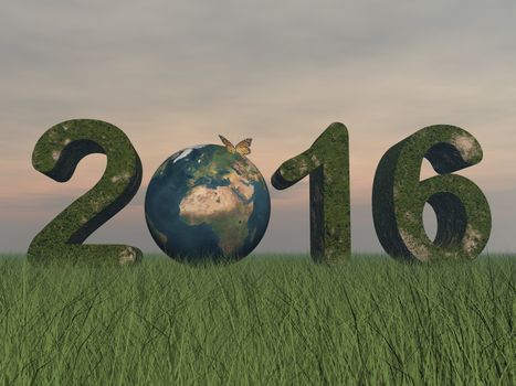 Happy new year 2016 with earth, butterfly and grass by sunset - 3D render