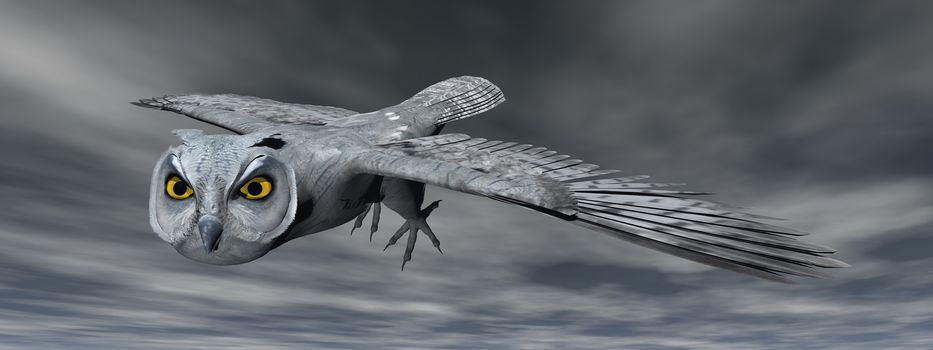 Scops owl flying in the night - 3D render