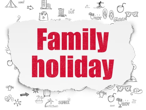 Travel concept: Painted red text Family Holiday on Torn Paper background with Scheme Of Hand Drawn Vacation Icons