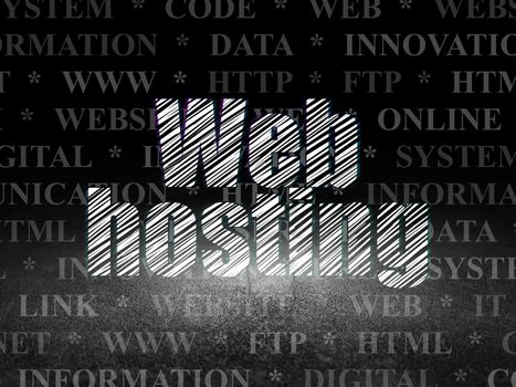 Web development concept: Glowing text Web Hosting in grunge dark room with Dirty Floor, black background with  Tag Cloud