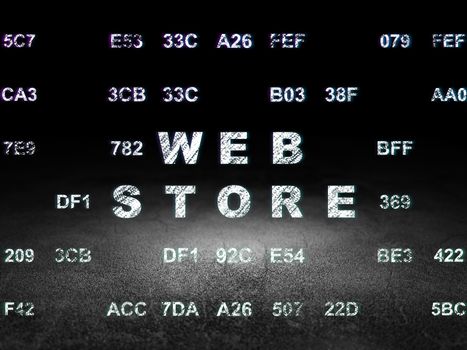 Web development concept: Glowing text Web Store in grunge dark room with Dirty Floor, black background with Hexadecimal Code