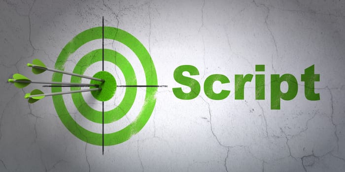Success Database concept: arrows hitting the center of target, Green Script on wall background