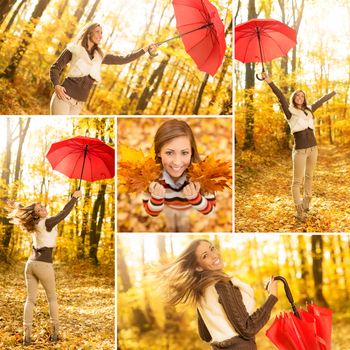 Collage of a beautiful cheerful young woman with red umbrella having fun in sunny forest in autumn colors.