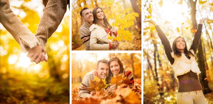 Collage of a beautiful young couple in sunny forest in autumn colors. 