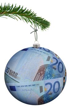 Christmas bauble made of euro banknotes hanging from a tree 