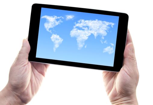 Hands holding a computer tablet device with cloud world map on the screen