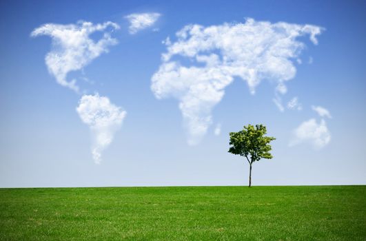 Clouds in the shape of a world map against blue sky