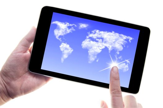 Finger touching a computer tablet device with cloud world map on the screen
