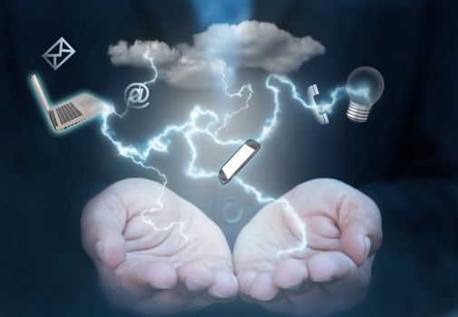 Lightening bolts connecting computing equipment and social media icons