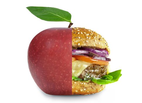 Healthy apple and unheatlhy burger merged into one over a white background