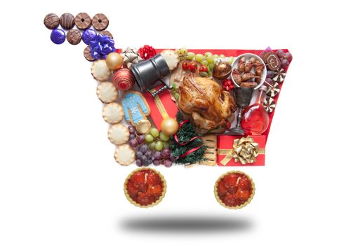 Christmas foods, drinks and presents in the shape of a shopping cart symbol
