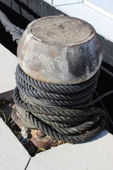 Bollard with mooring lines. Harbor of Confluence in Lyon, France