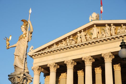 The Austrian Parliament and statue of Pallas Athena in Vienna, Austria