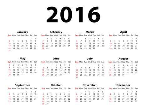 Calendar of 2016 isolated on white background