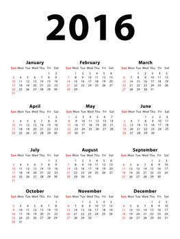 Calendar of 2016 isolated on white background