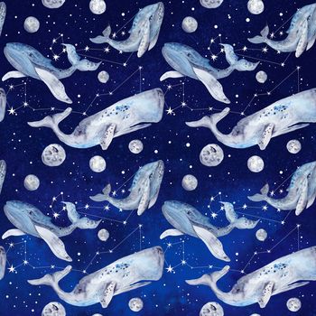 Space illustration with stars, fishes and planets 