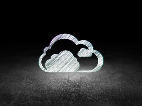 Cloud computing concept: Glowing Cloud icon in grunge dark room with Dirty Floor, black background