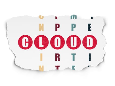 Cloud networking concept: Painted red word Cloud in solving Crossword Puzzle on Torn Paper background