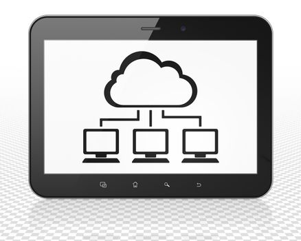 Cloud technology concept: Tablet Pc Computer with black Cloud Network icon on display