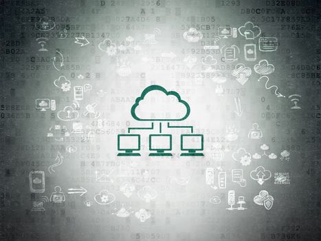 Cloud networking concept: Painted green Cloud Network icon on Digital Paper background with Scheme Of Hand Drawn Cloud Technology Icons
