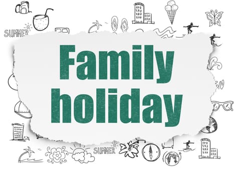 Tourism concept: Painted green text Family Holiday on Torn Paper background with  Hand Drawn Vacation Icons