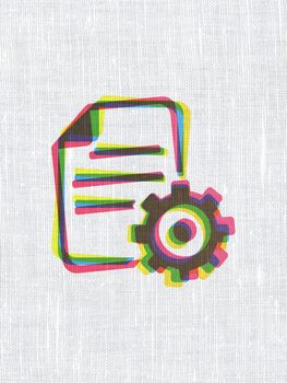 Software concept: CMYK Gear on linen fabric texture background