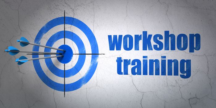 Success Studying concept: arrows hitting the center of target, Blue Workshop Training on wall background
