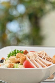 salad from ham crust cabbage, tomato cucumber olive greens and cheese 