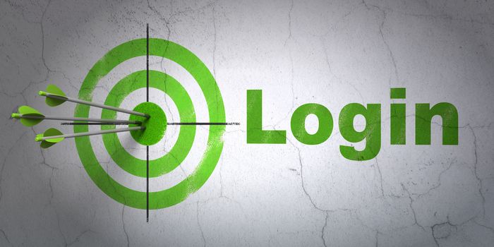 Success safety concept: arrows hitting the center of target, Green Login on wall background