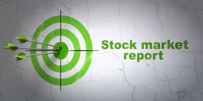 Success currency concept: arrows hitting the center of target, Green Stock Market Report on wall background