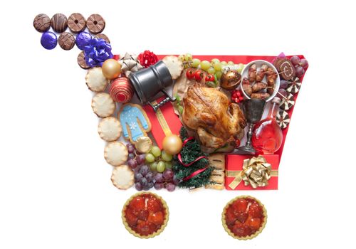 Christmas foods, drinks and presents in the shape of a shopping cart symbol