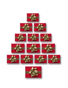 Red gift box with gold bow in the shape of a christmas tree 
