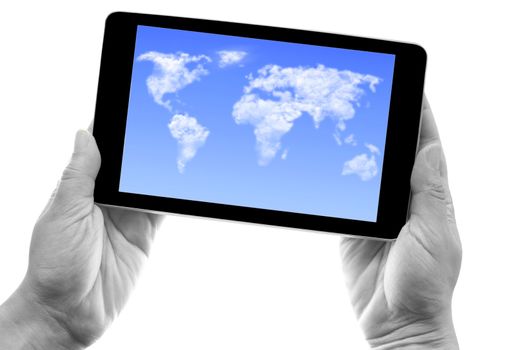Hands holding a computer tablet device with cloud world map on the screen