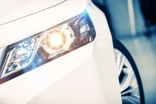 Modern Car Lens Headlights. Car Road Illumination Technology.