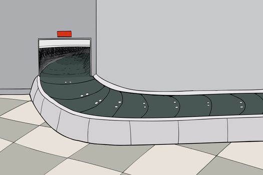 Hand drawn illustration of an empty baggage claim carousel