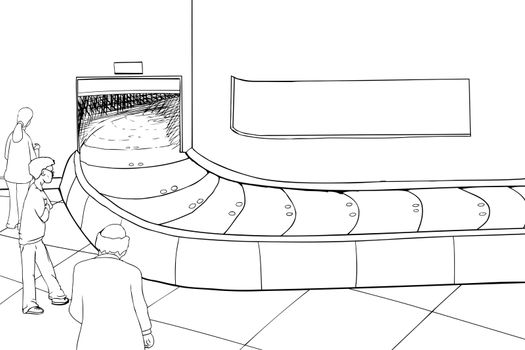 Outline of people waiting at baggage claim with empty carousel