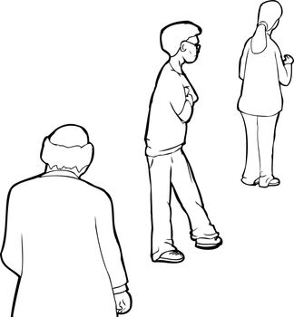 Outline cartoon of three people waiting in line